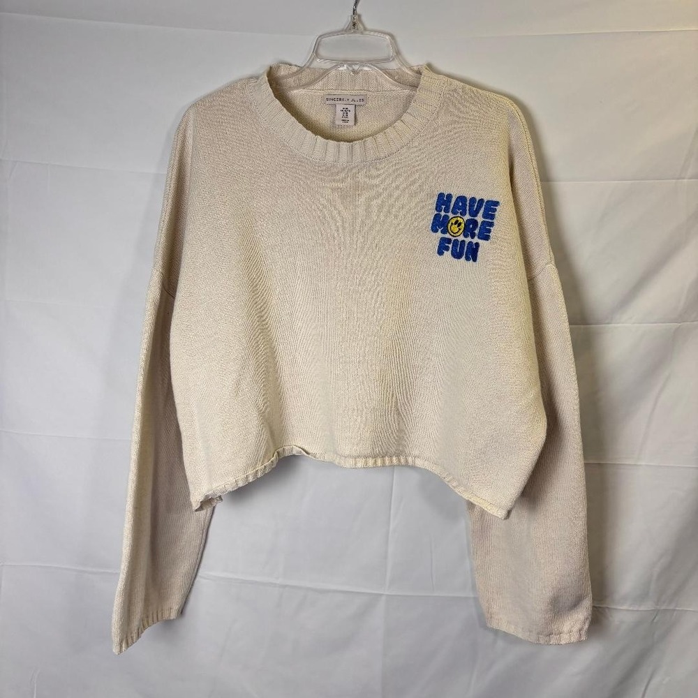Sincerely Jules Cropped Sweater Women's XL Cream "Have More Fun" Embroidered